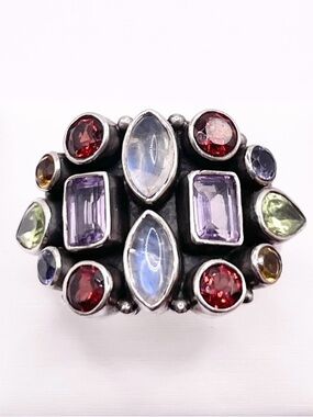 Size 9 Nicky Butler Multi-Gemstone Sterling Ring with Moonstone and Amethyst